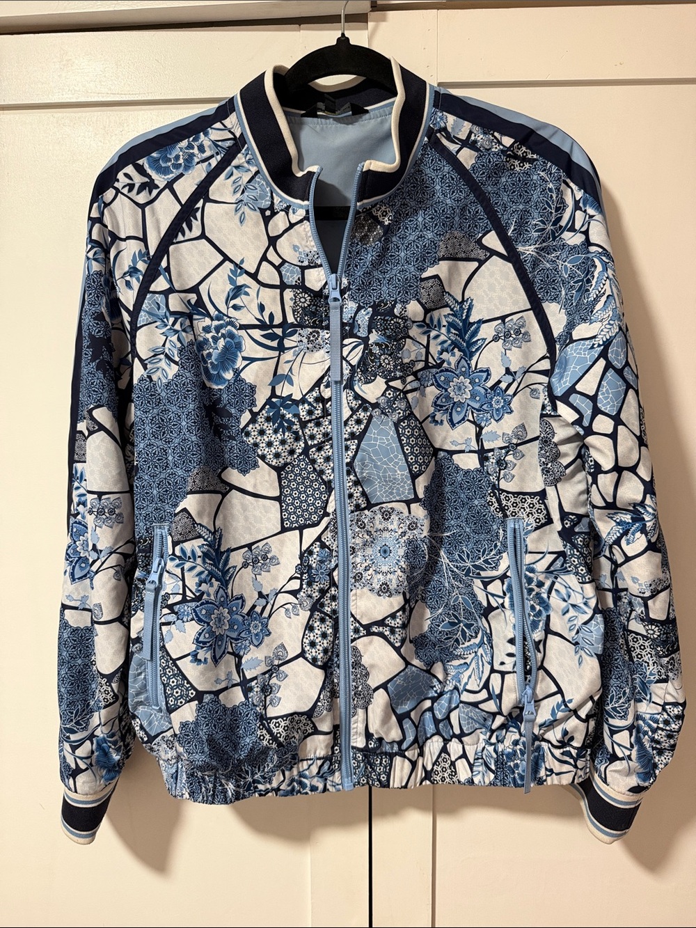 Johnny Was Blue and White Floral Mosaic Bomber Jacket